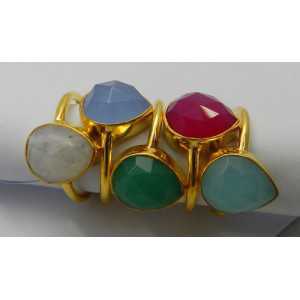 Gold plated ring with oval shape faceted blue Chalcedony 18 mm