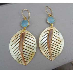 Gold plated earrings leaf shell and Chalcedony