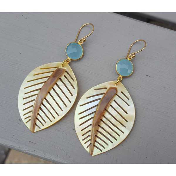 Gold plated earrings leaf shell and Chalcedony