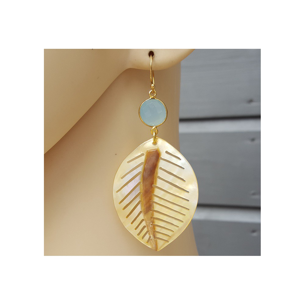 Gold plated earrings leaf shell and Chalcedony