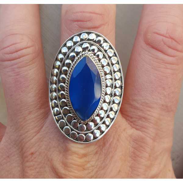 Silver ring marquise cobalt blue Chalcedony adjustable