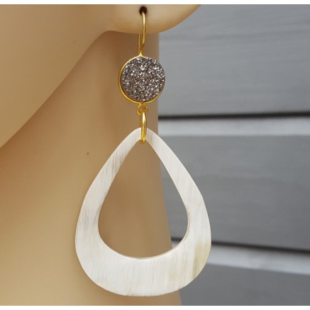 Goud vergulde oorbellen druzy Titanium en druppel van Buffelhoorn