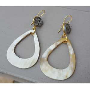 Gold plated earrings druzy Titanium and drop of buffalo horn