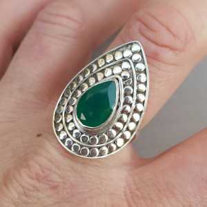Silver ring teardrop green Onyx adjustable