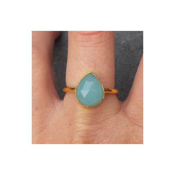 Gold plated ring with oval shape faceted aqua Chalcedony 18.5 mm