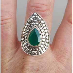 Silver ring teardrop green Onyx adjustable