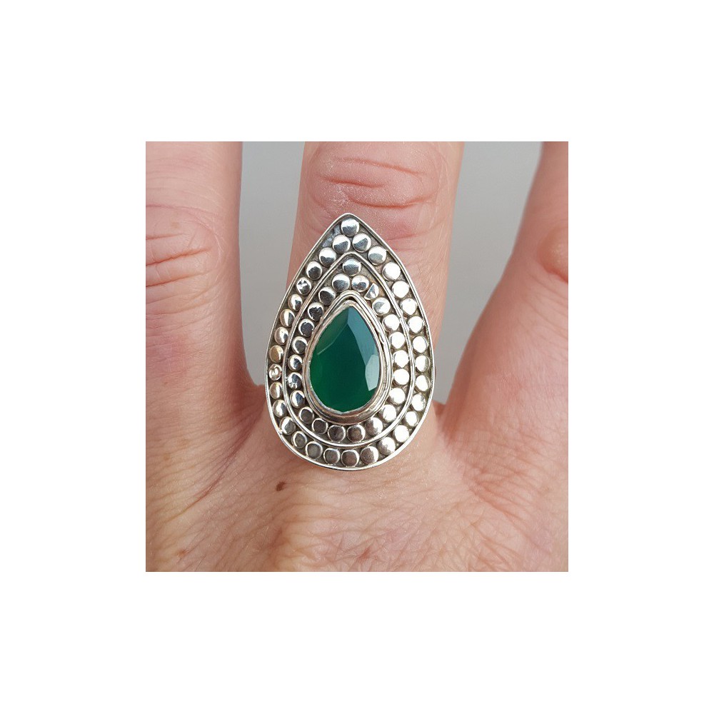 Silver ring teardrop green Onyx adjustable