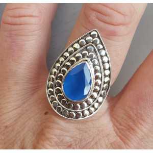 Silver ring teardrop shaped blue Chalcedony adjustable