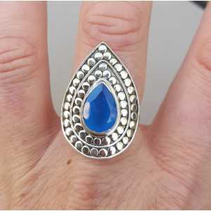 Silber ring tropfenförmigen blauen Chalcedon einstellbar