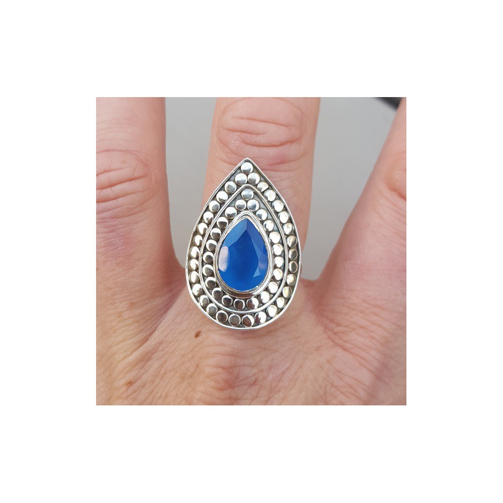 Silver ring teardrop shaped blue Chalcedony adjustable