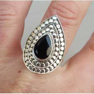 Silver ring teardrop black Onyx adjustable