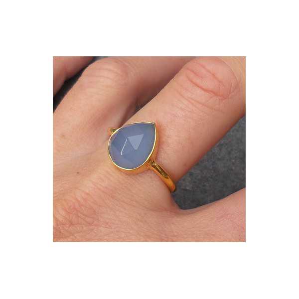 Gold plated ring with oval shape faceted blue Chalcedony 18 mm