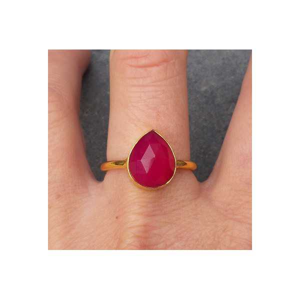 Gold plated ring with oval shape faceted fuchsia Chalcedony 18.5 mm