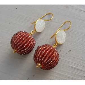 Vergoldete Ohrringe großen ball von Granat und druzy-Achat