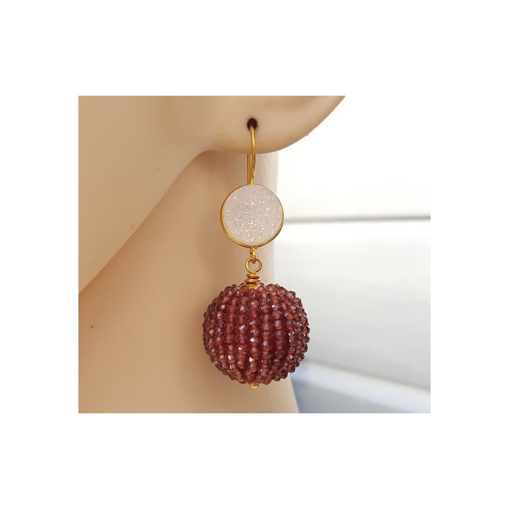 Gold plated earrings large ball of Garnet and druzy Agate