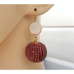 Gold plated earrings large ball of Garnet and druzy Agate