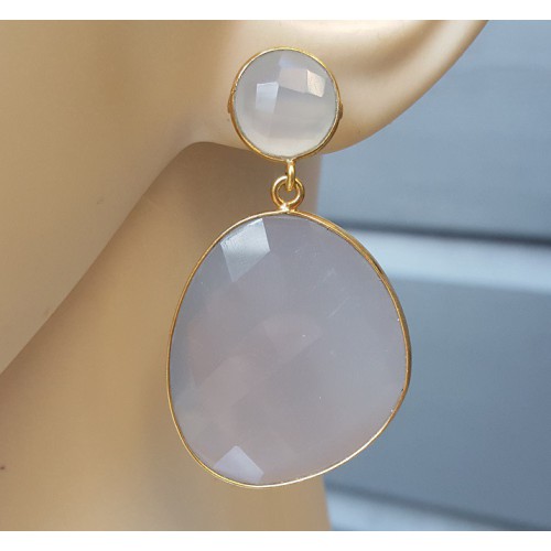 Goud vergulde oorbellen met grijs Chalcedoon
