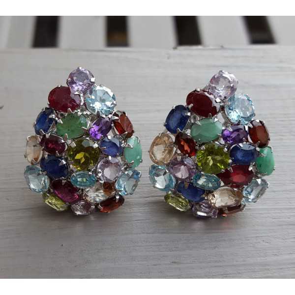 Silver earrings with oval facet cut multi gemstones