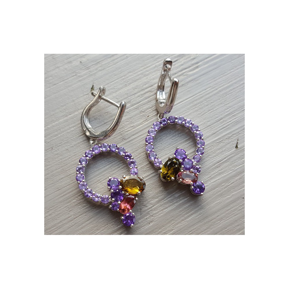 Silver earrings set with Amethyst and Tourmaline