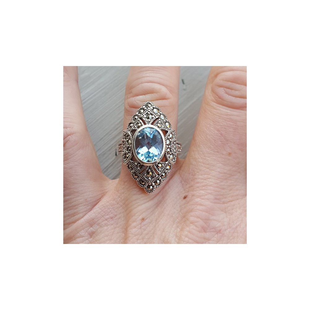 Silver ring set with blue Topaz and Markasiet 17 mm