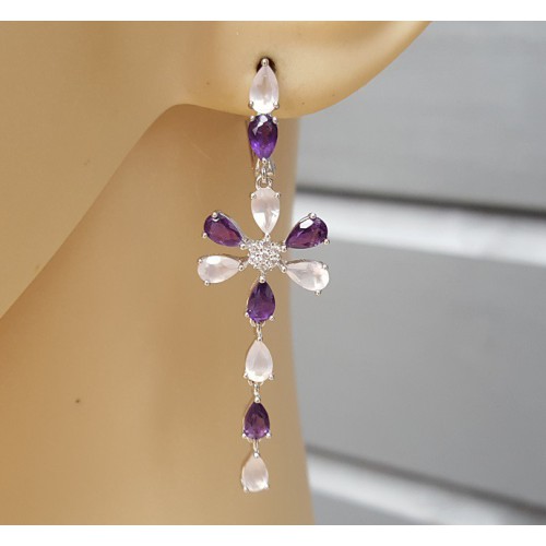 Zilveren lange oorbellen met Amethist en Rozenkwarts