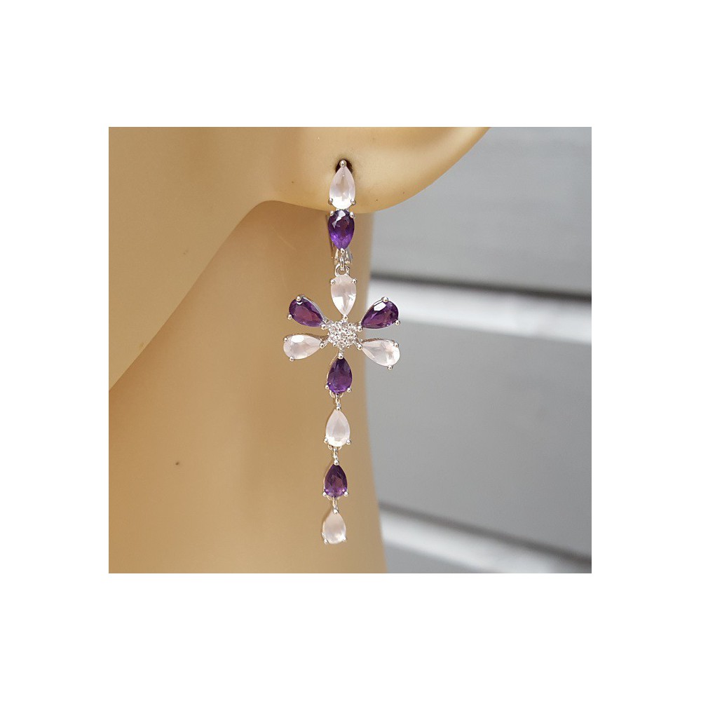 Silber lange Ohrringe mit Amethyst und Rosenquarz