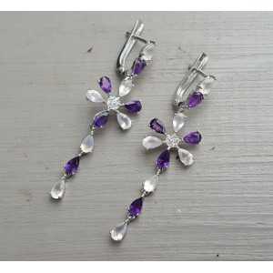 Silver long earrings with Amethyst and rose quartz