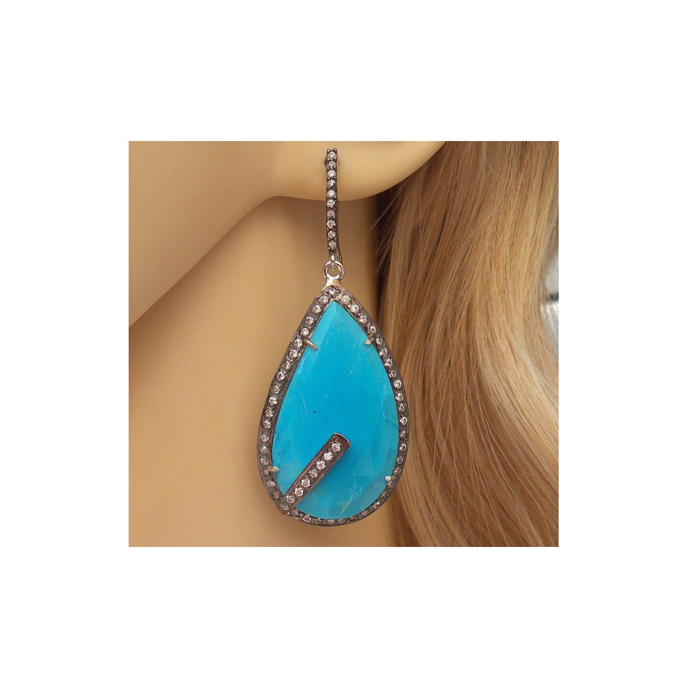 Silver earrings set with large Turquoise and Cz 