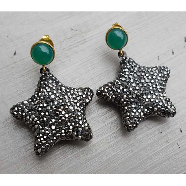 Gold plated earrings with star crystals and green Onyx
