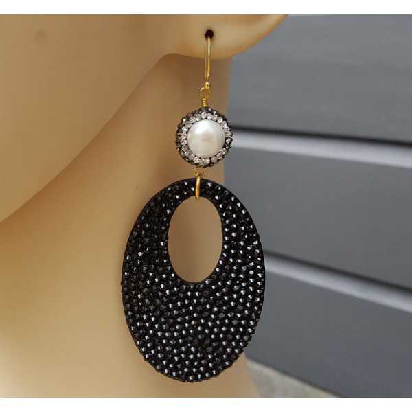 Vergoldete Ohrringe Perlen und ovalen schwarzen Glitzer Aufhänger