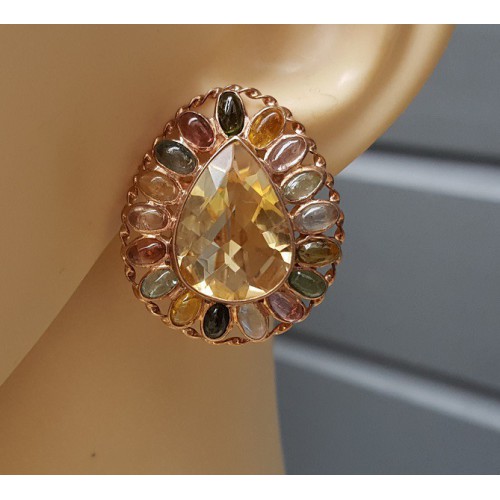 Rosé vergulde oorbellen met Toermalijn en Lemon Topaas