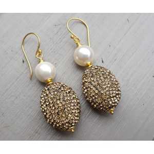 Gold plated earrings with Pearl and golden crystal