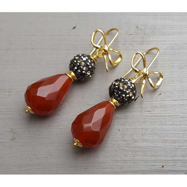 Gold-plated earrings with Carnelian and crystals