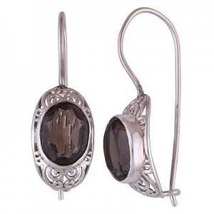 Silver earrings with oval Smokey Topaz and hasp