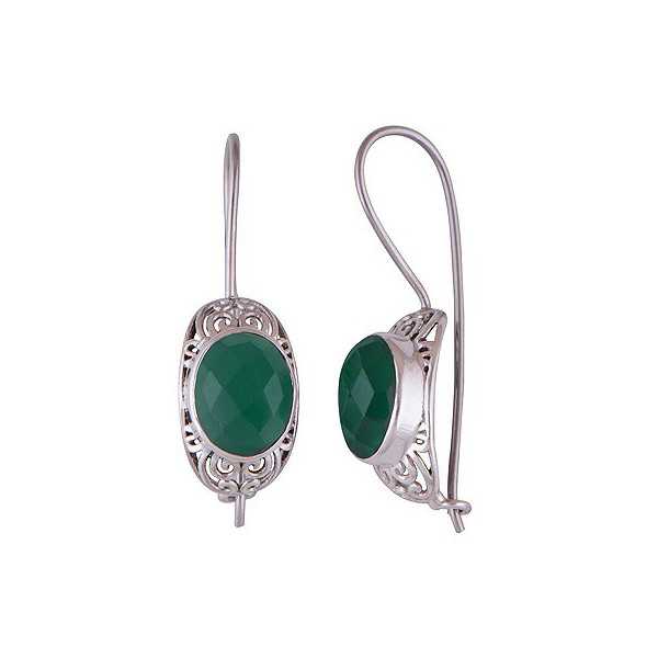 Silver earrings with oval green Onyx and hasp