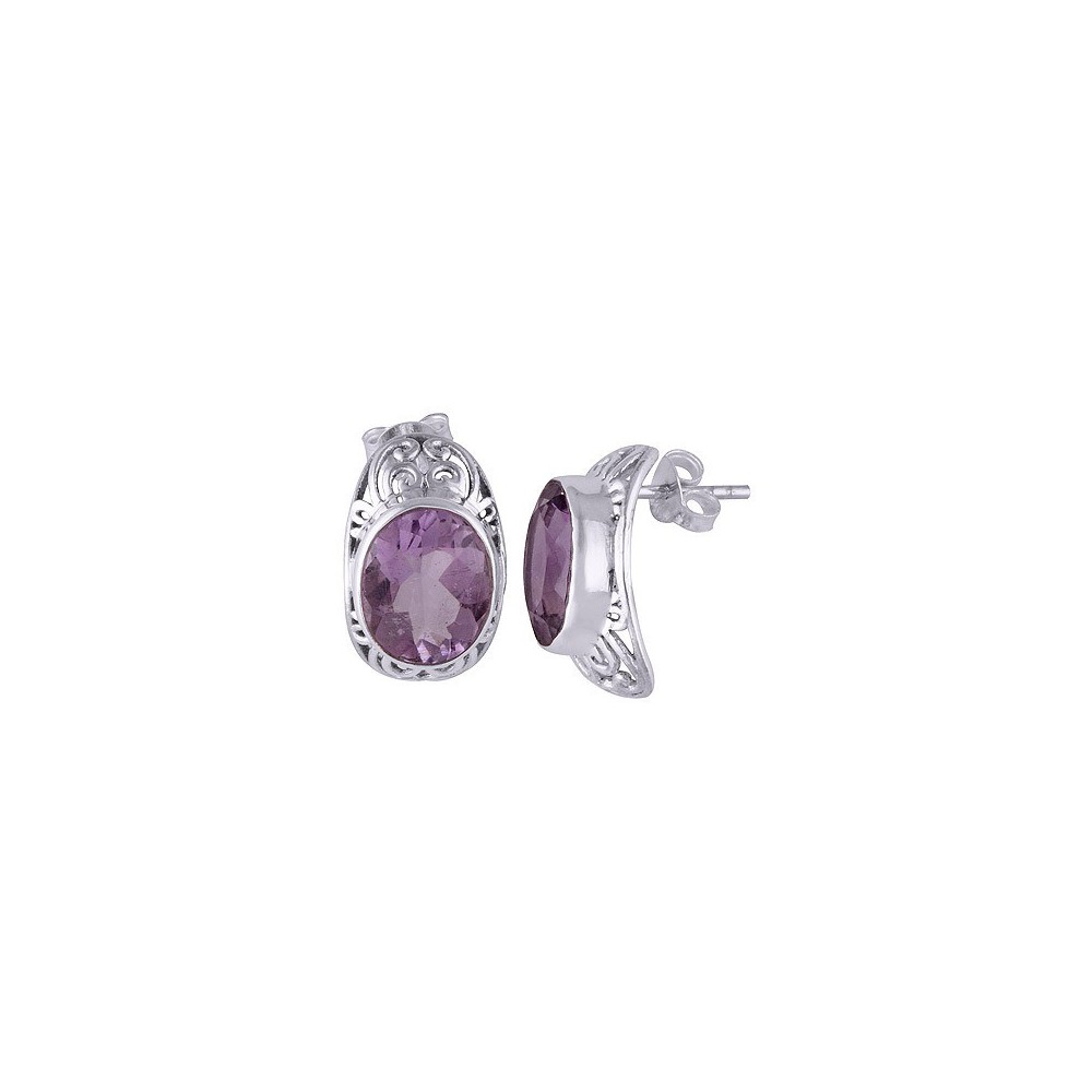 Silver oorknoppen set with oval Amethyst