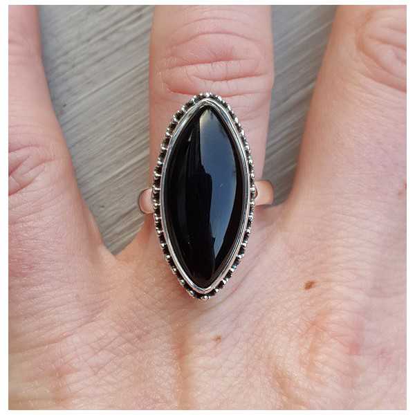 Silver ring with marquise Onyx and carved head 17.5