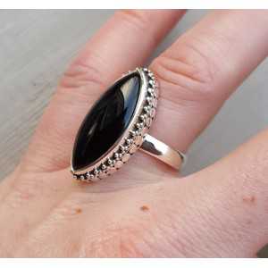 Silver ring with marquise Onyx and carved head 17.5