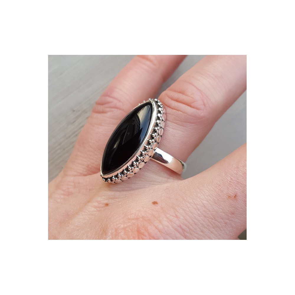 Silver ring with marquise Onyx and carved head 17.5