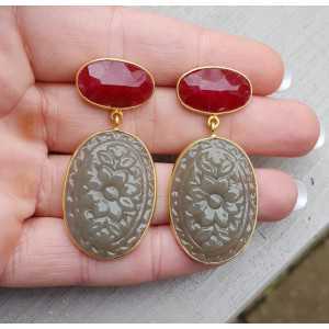 Gold plated earrings with Ruby and carved grey Chalcedony