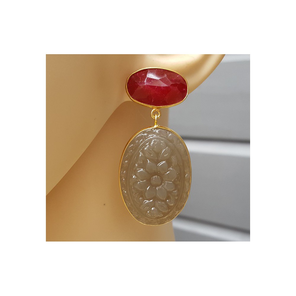 Gold plated earrings with Ruby and carved grey Chalcedony