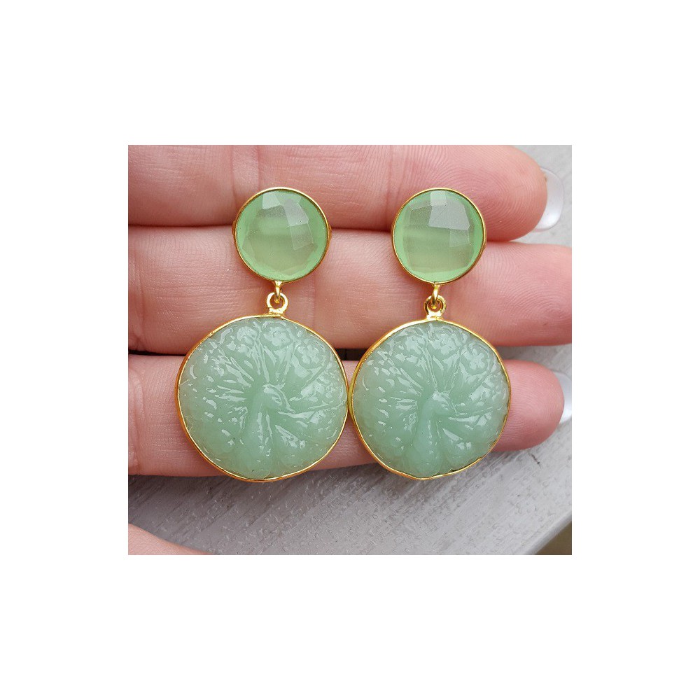 Gold plated earrings with round cut light green Chalcedony