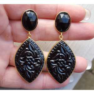 Gold plated earrings with oval Onyx and carved Onyx