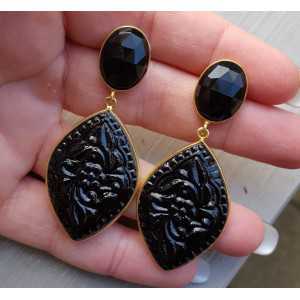 Gold plated earrings with oval Onyx and carved Onyx