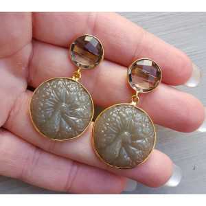Gold plated earrings Smokey Topaz and carved grey Chalcedony
