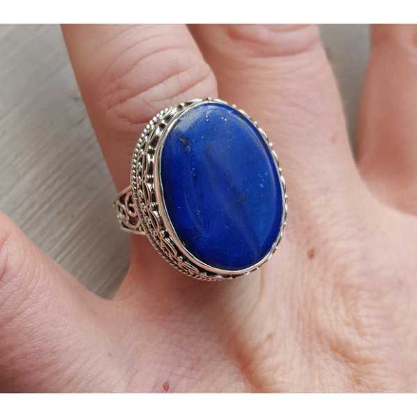 Silver ring oval cabochon Lapis in a revised setting 17.3 mm