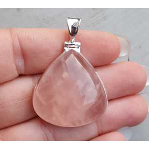 Silver pendant wide drop shaped cabochon rose quartz