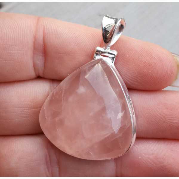 Silver pendant wide drop shaped cabochon rose quartz