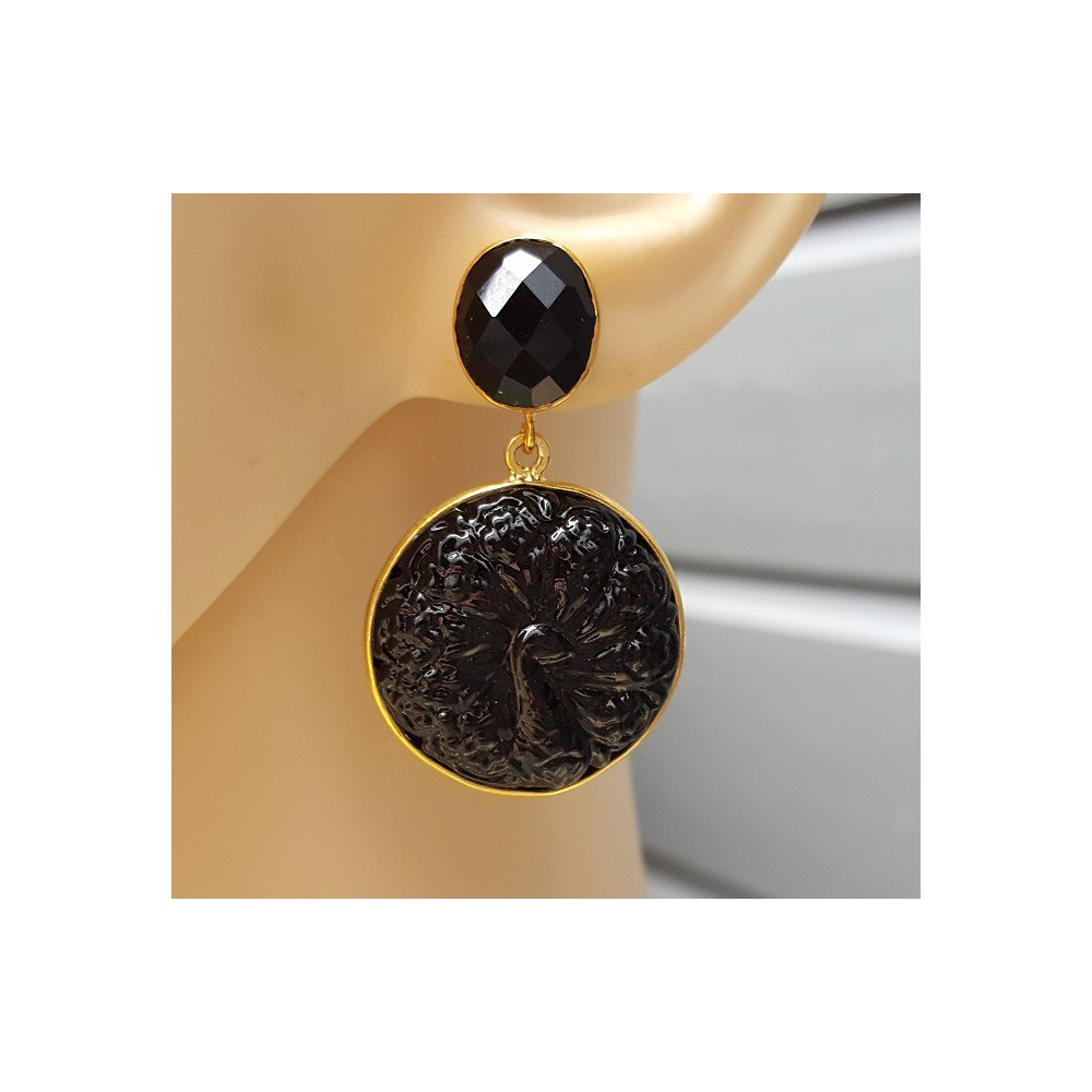 Gold plated earrings with oval faceted Onyx and carved Onyx