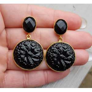 Gold plated earrings with oval faceted Onyx and carved Onyx